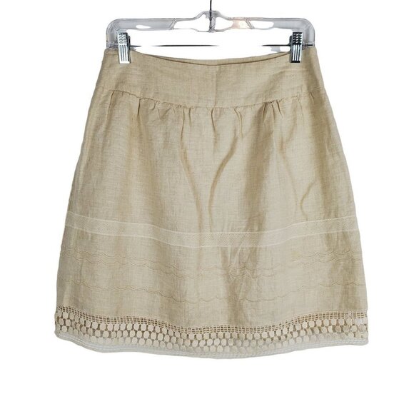 LOFT‎ 0 Beige Linen Skirt Side zip Boho Lace trim Cottagecore Lined - Picture 2 of 11